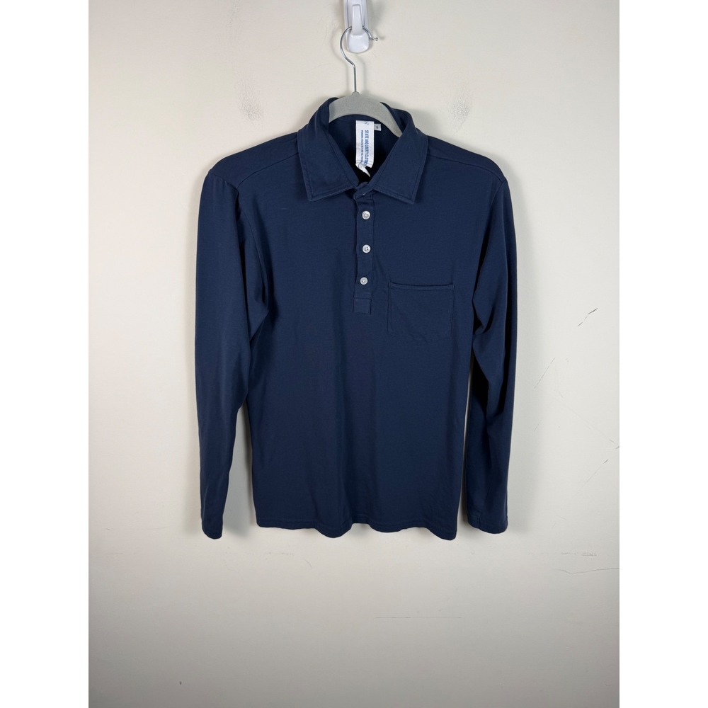 State and Liberty Mens Long Sleeve Polo Shirt Navy Blue Cotton Spandex Small